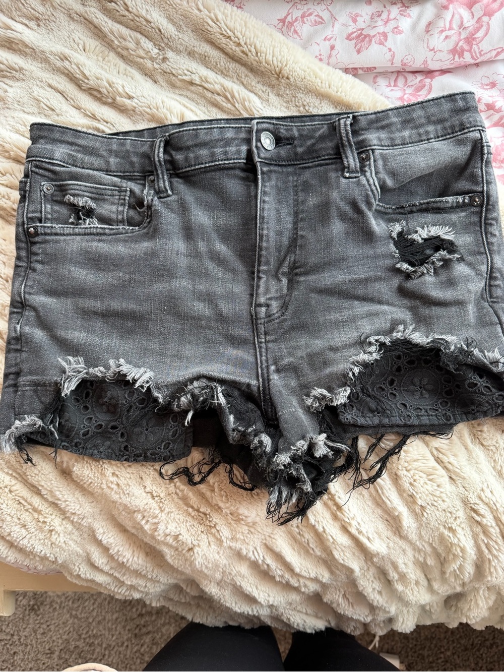 American Eagle Outfitters Black Distressed Lace-Trim Denim Shorts